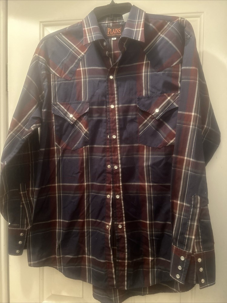 Vtg Plains Western Wear Men (L) Pearl Snap Shirt Long Sleeve Cowboy Plaid Rodeo
