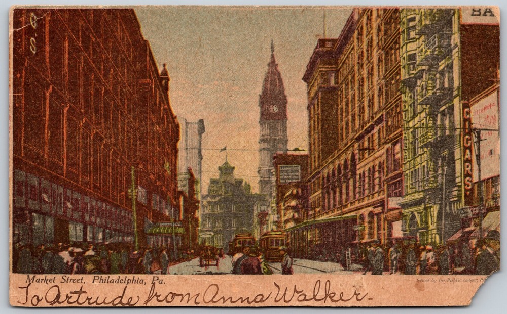 Market Street Philadelphia Pennsylvania Busy Street Scene ANTIQUE Postcard 8310