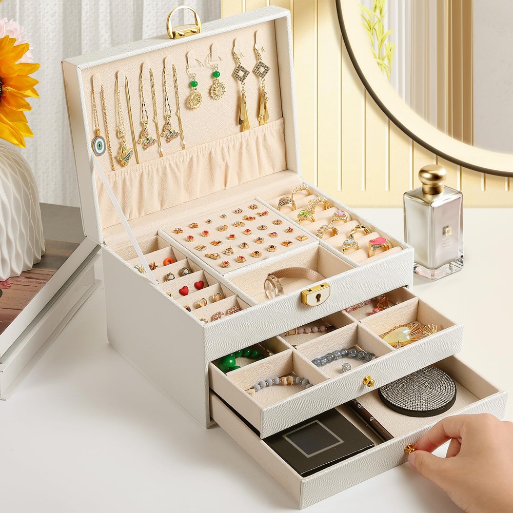 3 Layer Jewelry Box, Jewelry Holder Organizer with Jewelry Organizer Drawer, ...