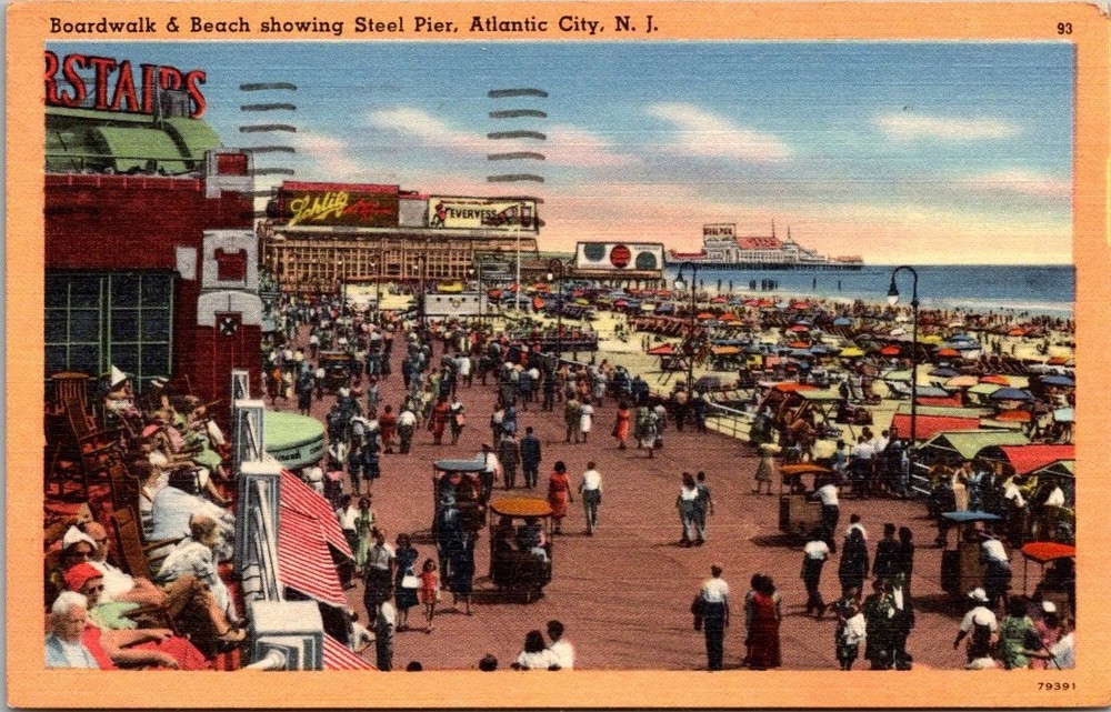 1952 Atlantic City NJ Boardwalk Beach Steel Pier Linen Postcard