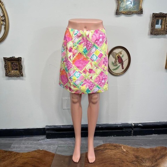 Lilly Pulitzer Vintage Monkey Patchwork Floral Mini Skirt Sz 4 Pink Green Yellow