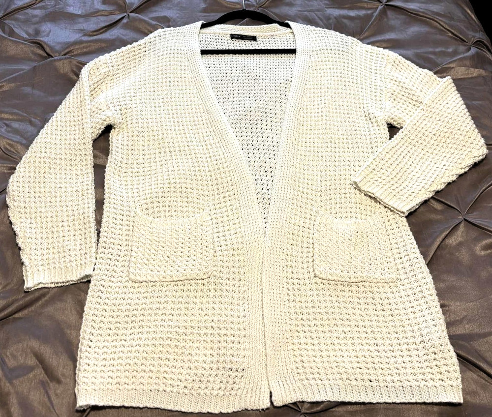 Shein Cream Long Cardigan Sweater Women’s Small Waffle Knit Open Front Pockets