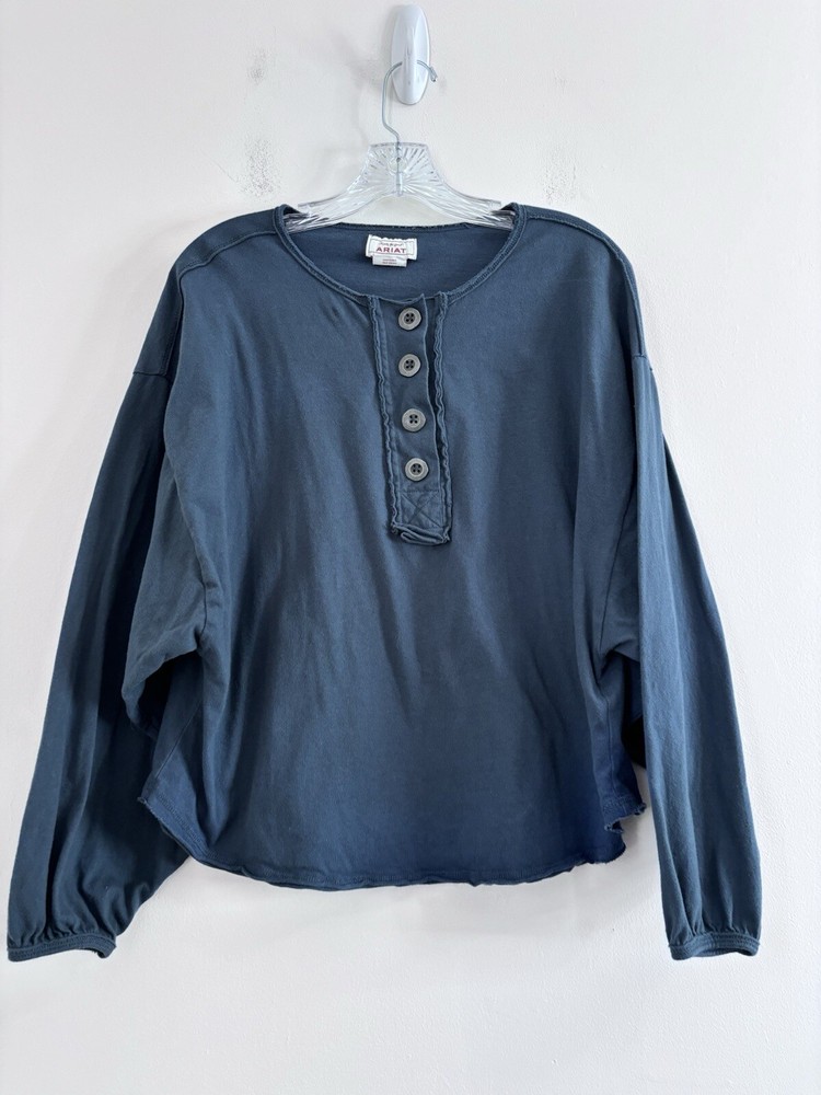 Ariat Women's XL Blue Long Balloon Sleeve 1/4 Zip Button Front Top