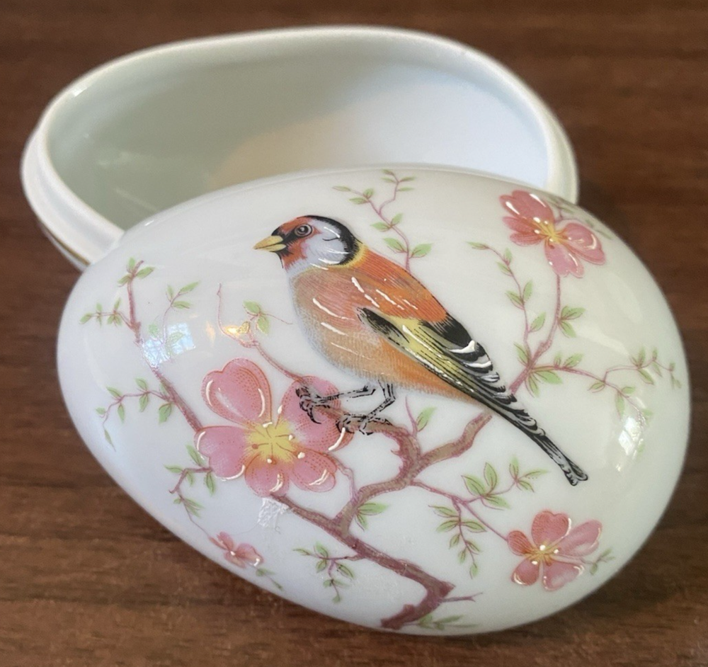 Vintage Limoge Egg-Shaped  Trinket Dish with Painted Bird & Floral Motifs