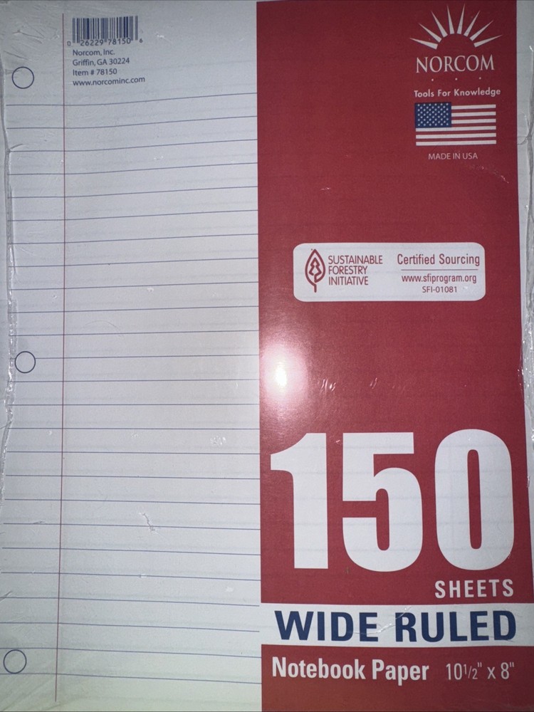 Norcom Tools For Knowledge 150 Sheets wide ruled notebook Filler paper 10.5”x8”