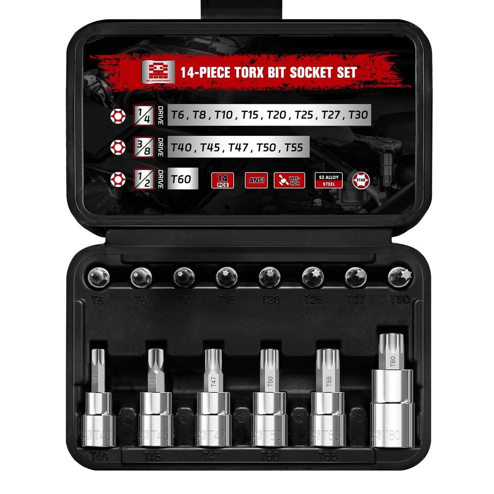 14-Piece Torx Bit Socket Set T6-T60, S2 and Cr-V Steel Star Bit Socket Set 1/...
