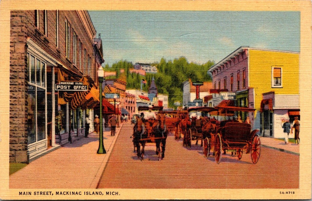 Dr Jim Stamps Postcard Main Street Mackinac Island Michigan Linen