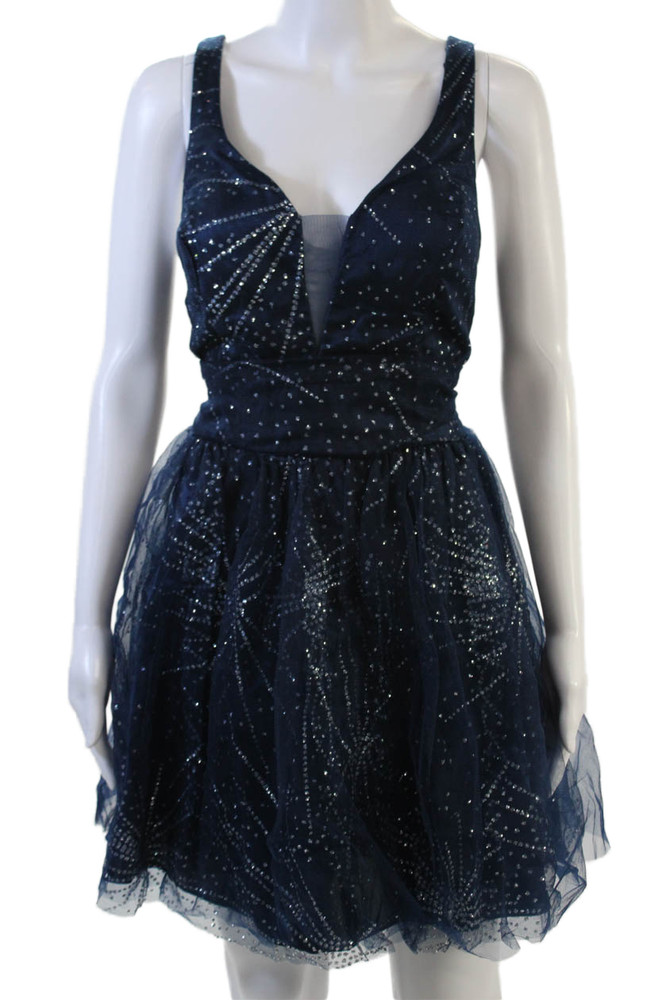 B. Darlin Womens Fit & Flare Mini Dress Dark Blue Knee Length V-Neck Size 11Free Shipping in US $100+ Orders | $6.95 Orders Below