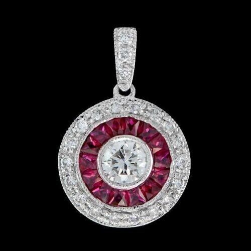 Art Deco Round Lab Created Diamond & Ruby Halo Wedding 14K White Gold FN Pendant