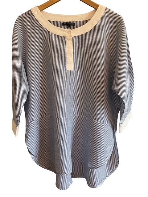 For Cynthia Linen Cotton Blue White Striped Tunic Blouse Top L Large