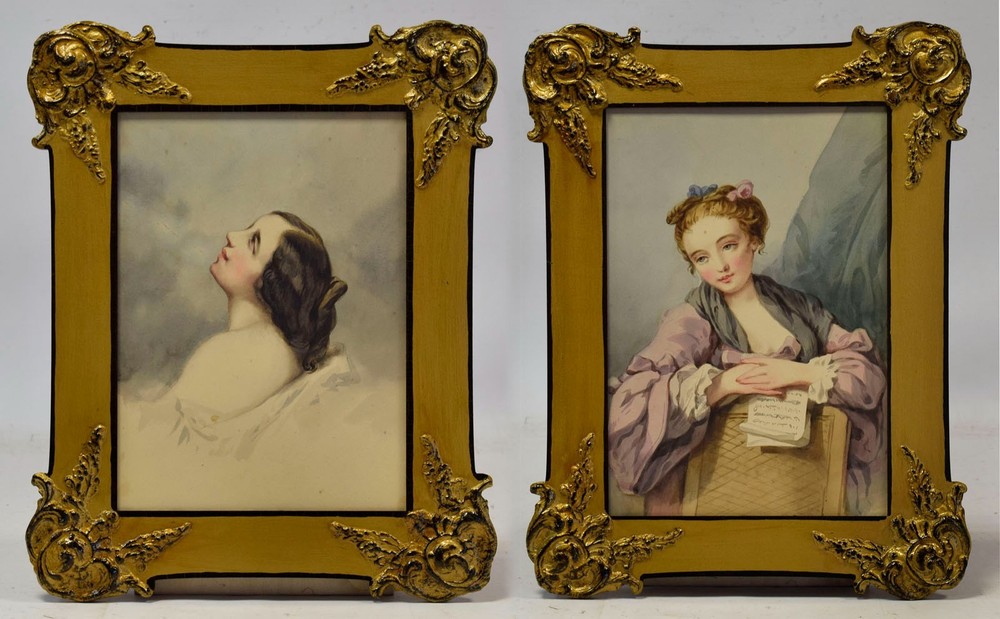 19th century, set of 2 antique paintings, portraits of women, watercolors.