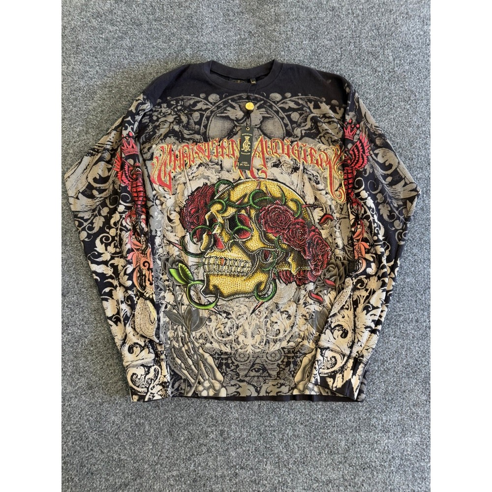 Christian Audigier Ed Hardy Mens XXL Thermal Shirt Long Sleeve Skull Rhinestone