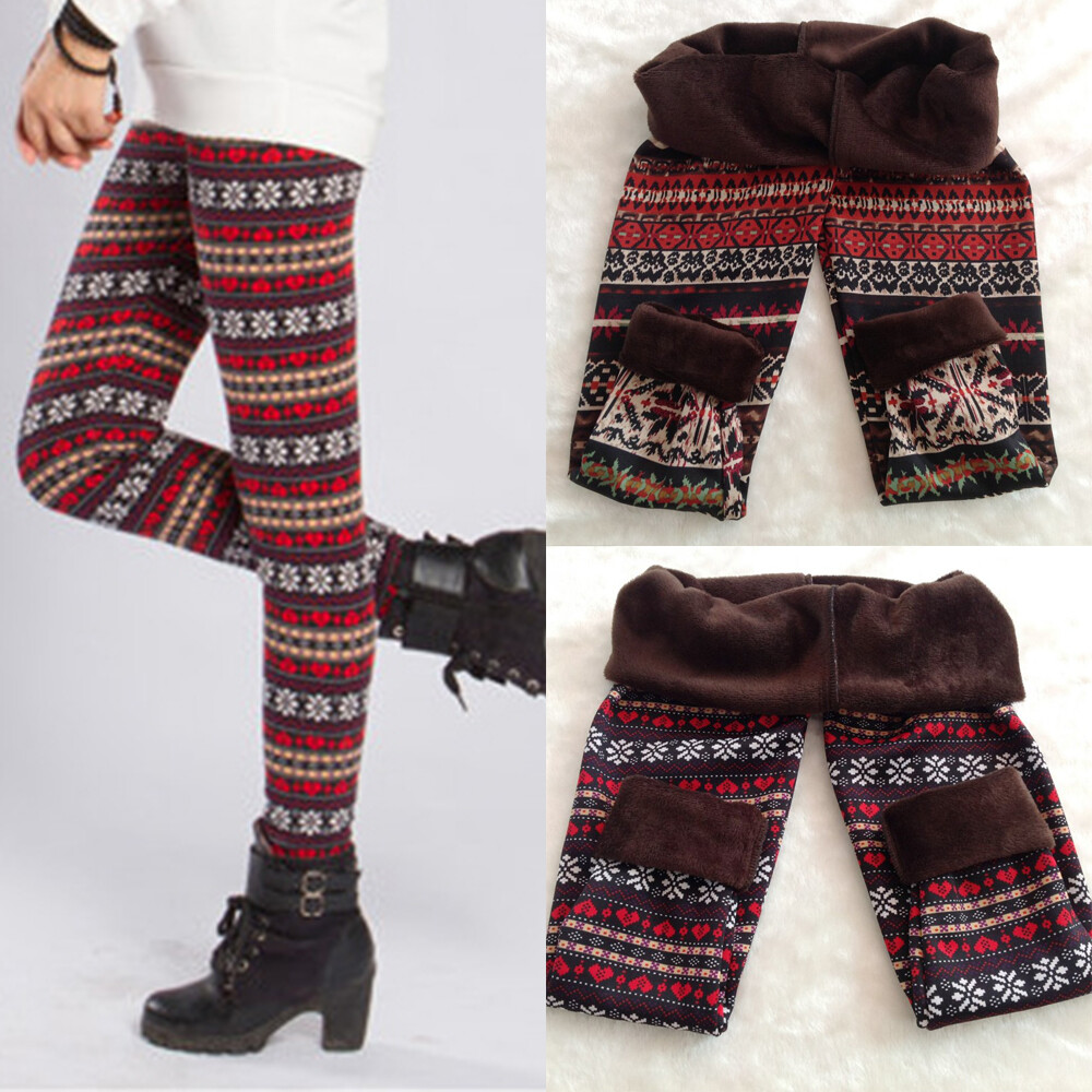 Womens Winter Fleece Thermal Lined Thick Leggings Warm Insulated Christmas Pants