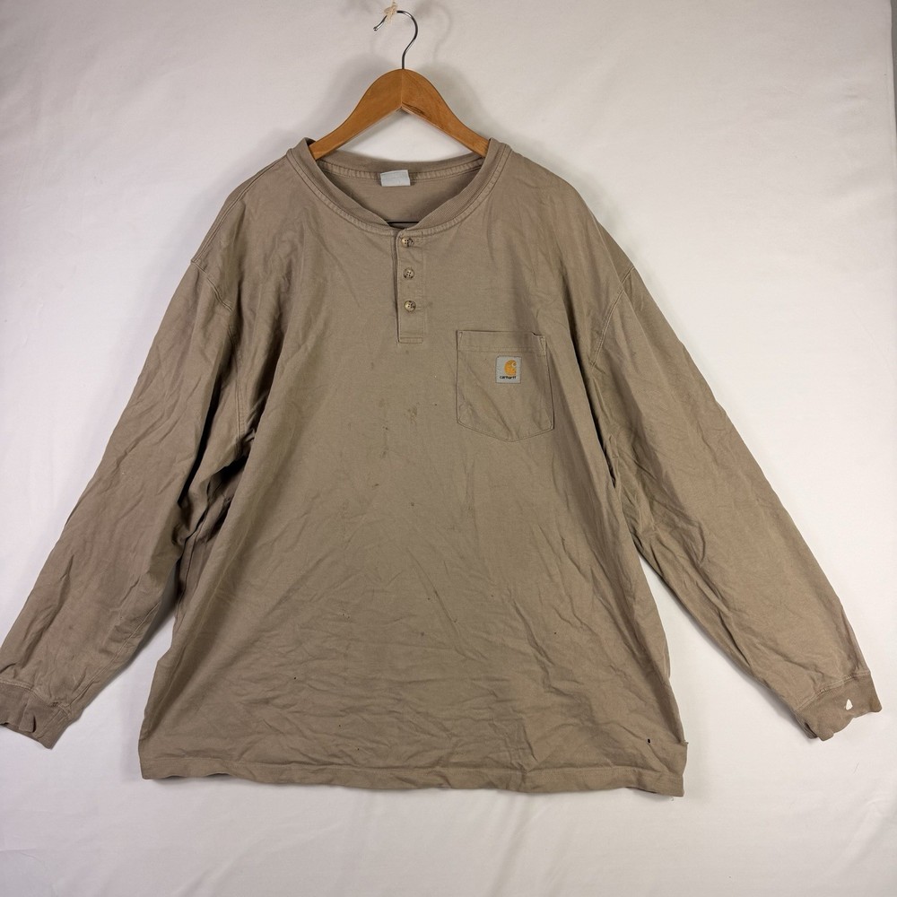 Carhartt Men's Loose Fit XL Beige Henley Pocket Long Sleeve T-Shirt K128 Cotton