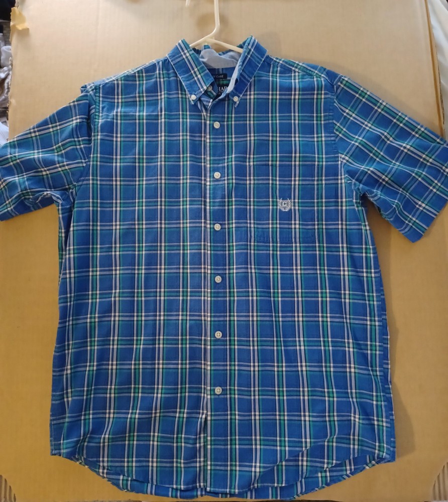 Chaps mens M Easy Care Short Sleeve Blue Green plaid button down shirt