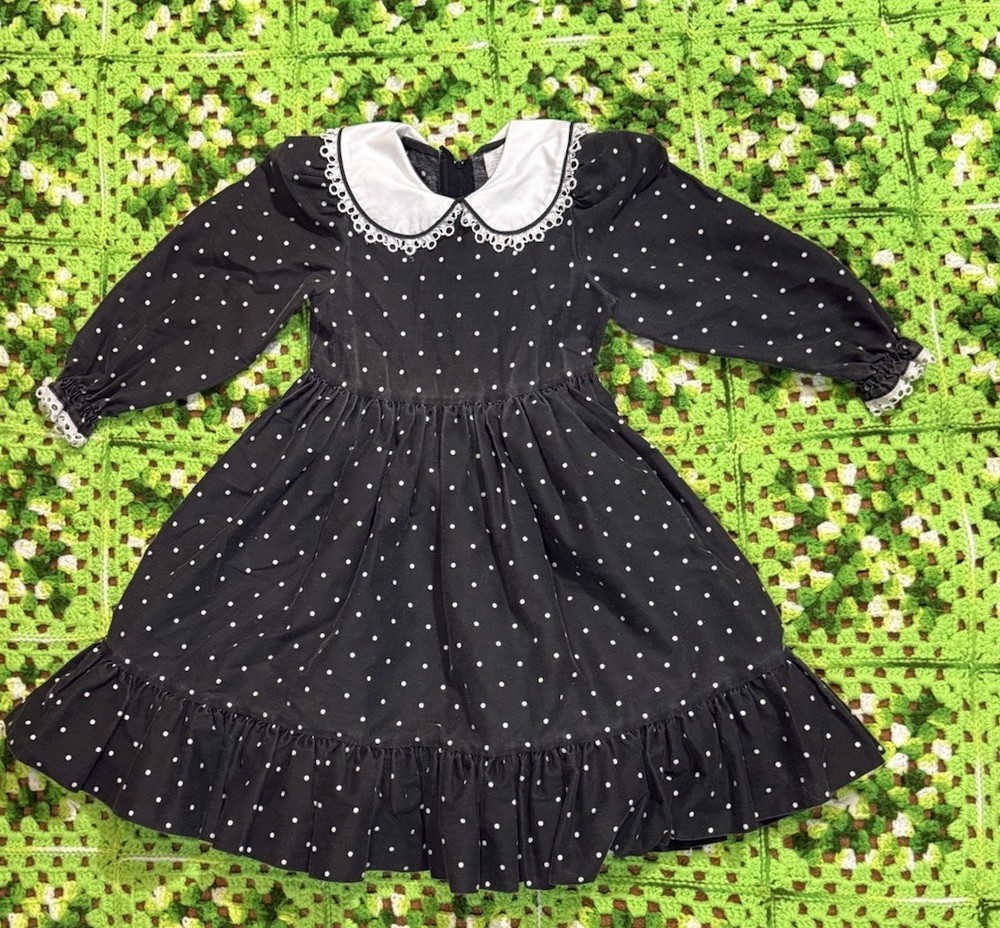 Vintage Daisy Kingdom Black Faded Polka Dot Dress Cottage Core Boho Sz 4 USA