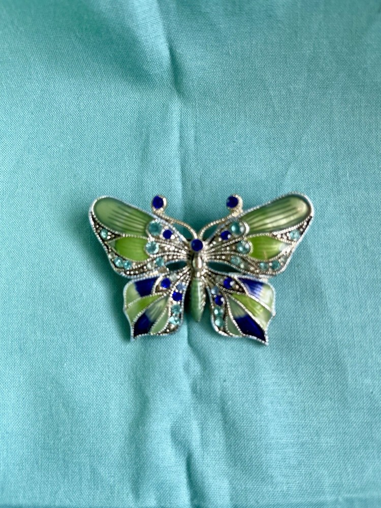 Vintage Butterfly Blue Green Yellow Enamel Rhinestones Silver Tone Brooch
