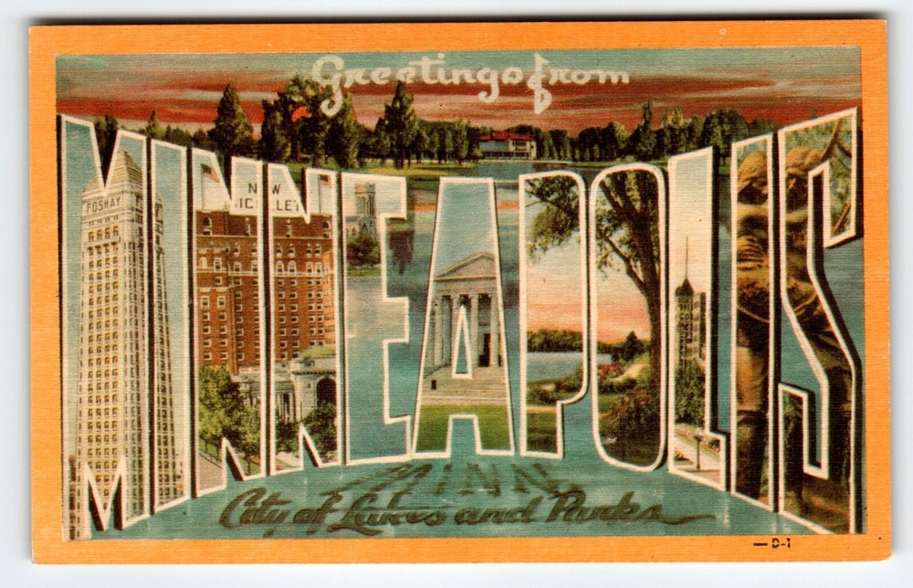 Greetings From Minneapolis Minnesota Large Big Letter Postcard Linen Dexter