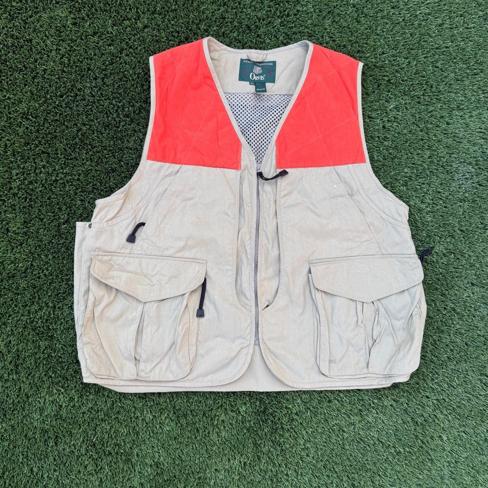 Orvis Mens Fishing Hunting Vest XL Tan Orange Pockets Utility