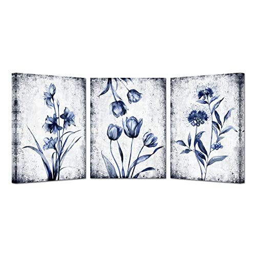 KREATIVE ARTS 3 Pieces Canvas Wall Art Navy Blue and Grey Flower Painting Art...