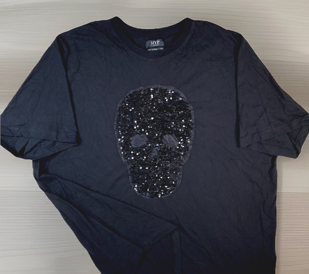 MVP Collections T-Shirt Men Sz 3XL Sequins Skull Bling Short Sleeve Crewneck