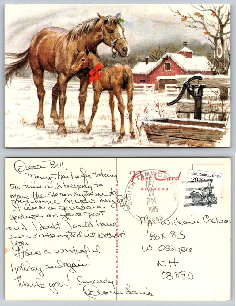 1995 Christmas Postcard Mare & Foal Red Barn Snow Red Farm Studio NH Postmark
