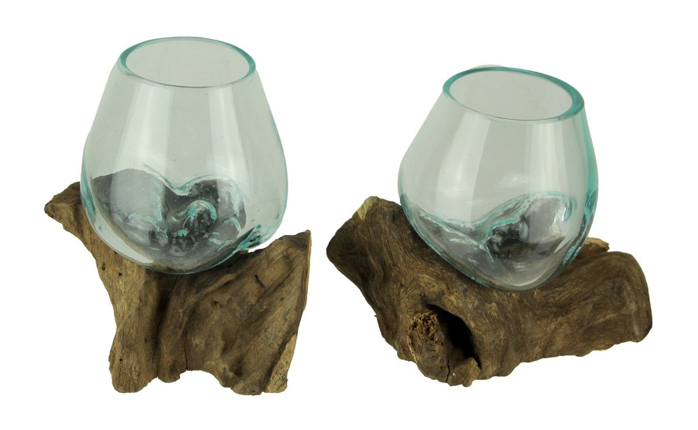 Molten Glass Teak Driftwood Bowl Vase Terrarium Planter 2-Piece Set