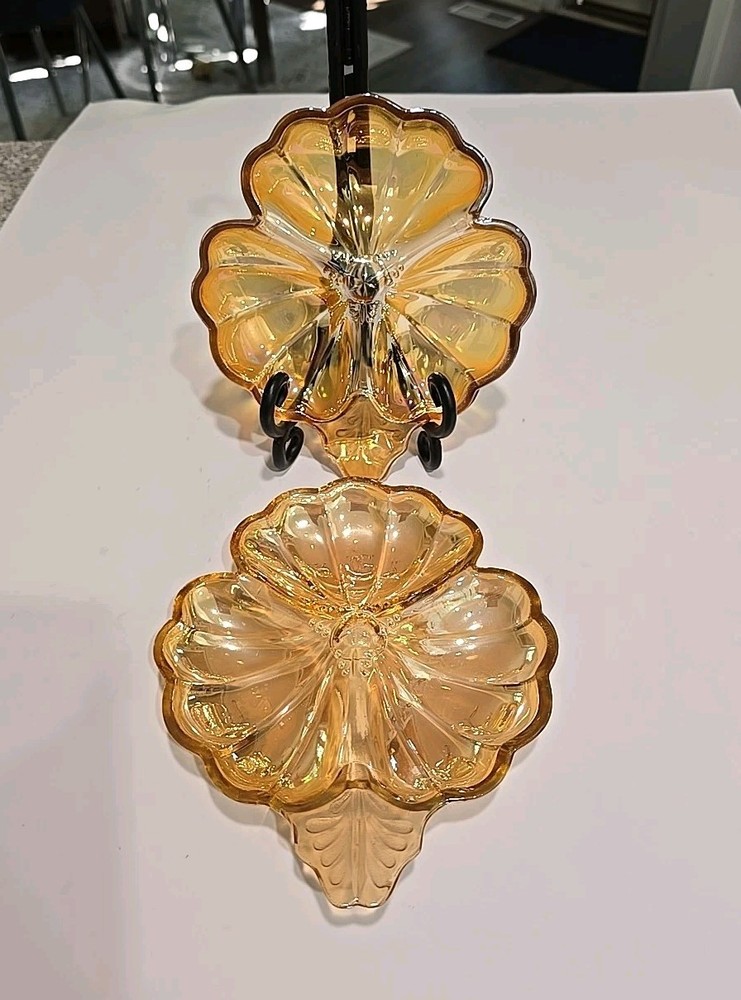 Vintage Doric Jeanette Carnival Glass Marigold Clover Shape Candy Dish Set of 2