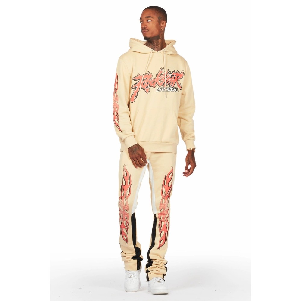 Rockstar Original Men Obern Stacked Flare Tracksuit Hoodie Pant Set Beige XL