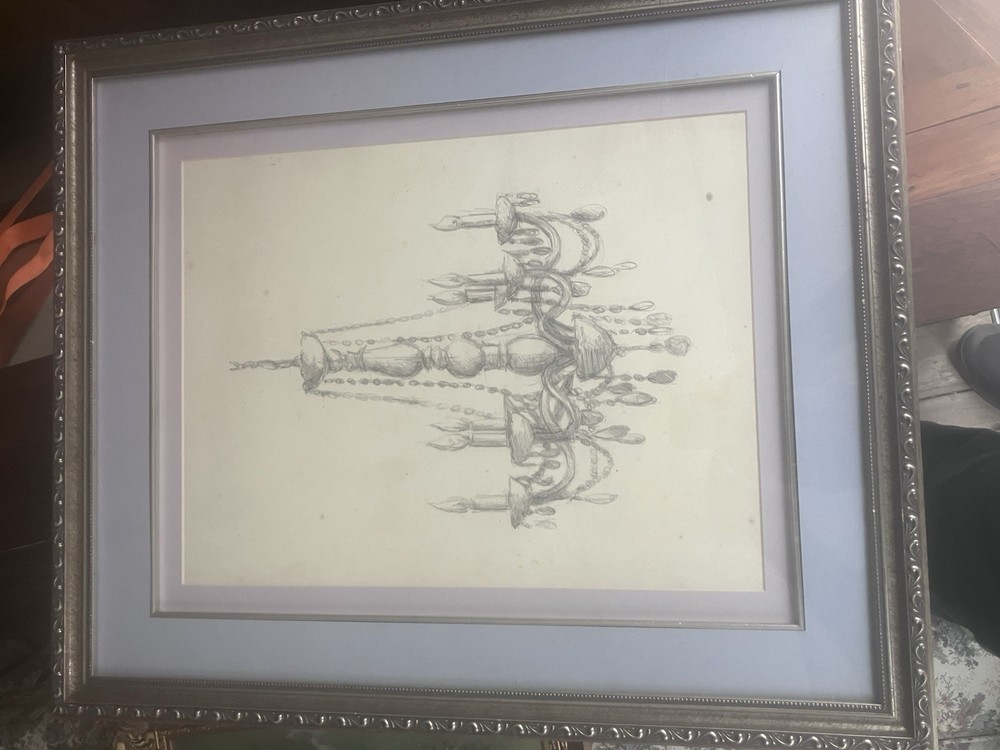 graphite pencil sketch of an ornate chandelier