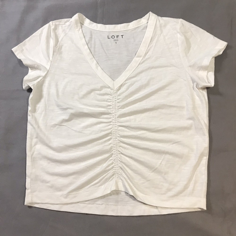 Loft Top Womens Small White V Neck Short Sleeve Shirt Rayon Blend