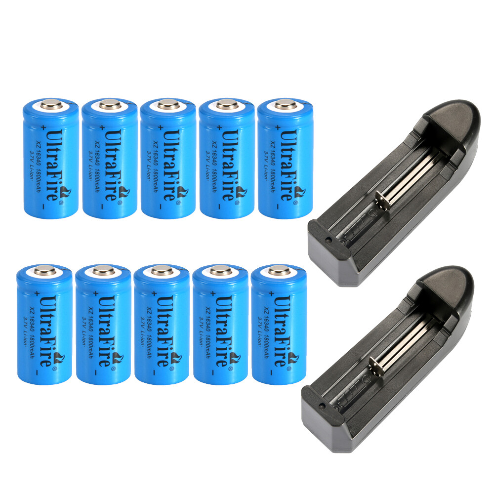 10pcs 16340 3.7v Ultrafire 1800mAH Rechargeable Battery Cell +2x Charger
