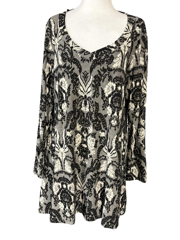 Habitat Blouse Womens M Gray Scoop Neck Long Sleeve Floral Tunic Top Stretch