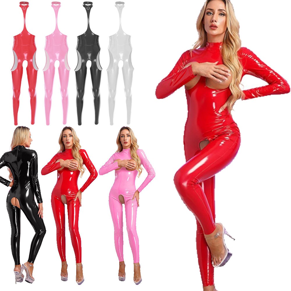 Womens PVC Leather Wet Look Leotard Hollow Out Bodysuit Halter Jumpsuit Shiny