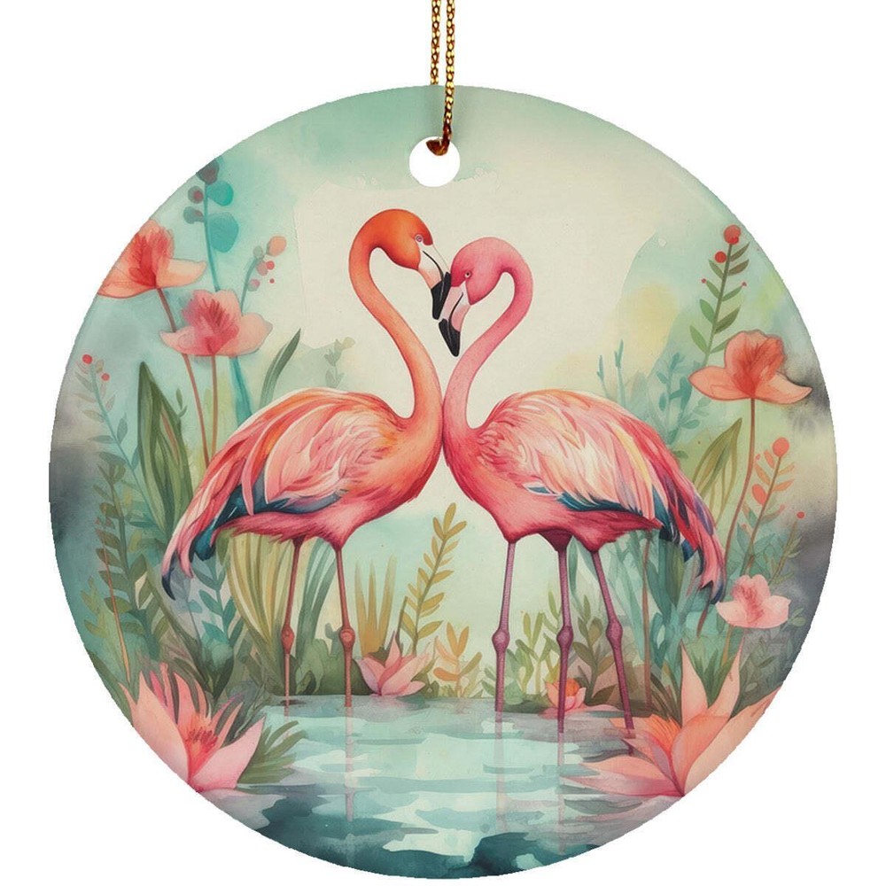 Flamingos Couple Watercolor Flower Art Ornament Christmas 2024 Gift Tree Decor