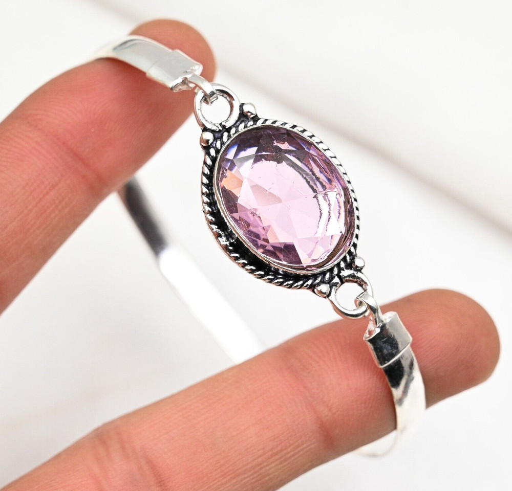 Pink Kunzite Bracelet Gemstone Handmade 925 Sterling Silver Jewelry For Wedding