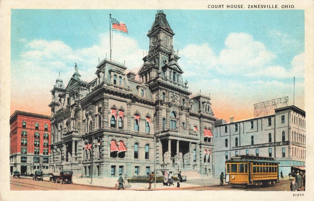 Zanesville OH Ohio, Court House Building, Trolley Street Scene, Vintage Postcard