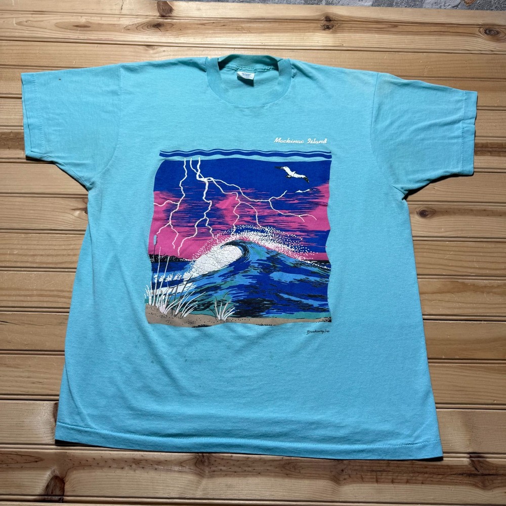 Vintage 80s Mackinac Island Wave Lightning Graphic Souvenir T-Shirt USA Made XL