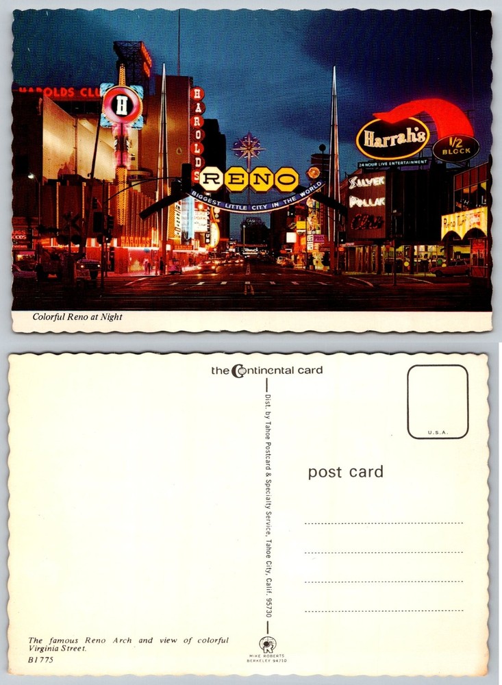 Vintage Reno Nevada Arch Night View Postcard Biggest Little City Harrah's