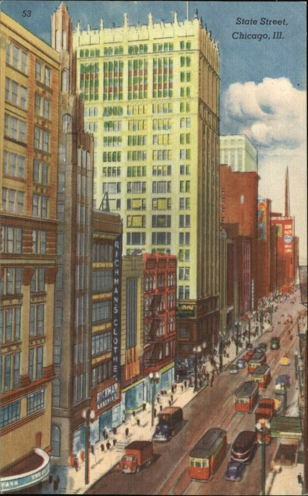 Chicago Illinois State Street aerial trolley cars unused vintage linen postcard