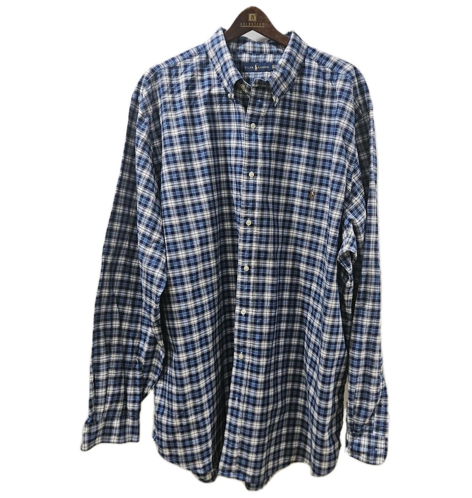 Ralph Lauren Mens Shirt 3XLT Tall Blue Plaid Flesh Pony Logo Preppy Old Money