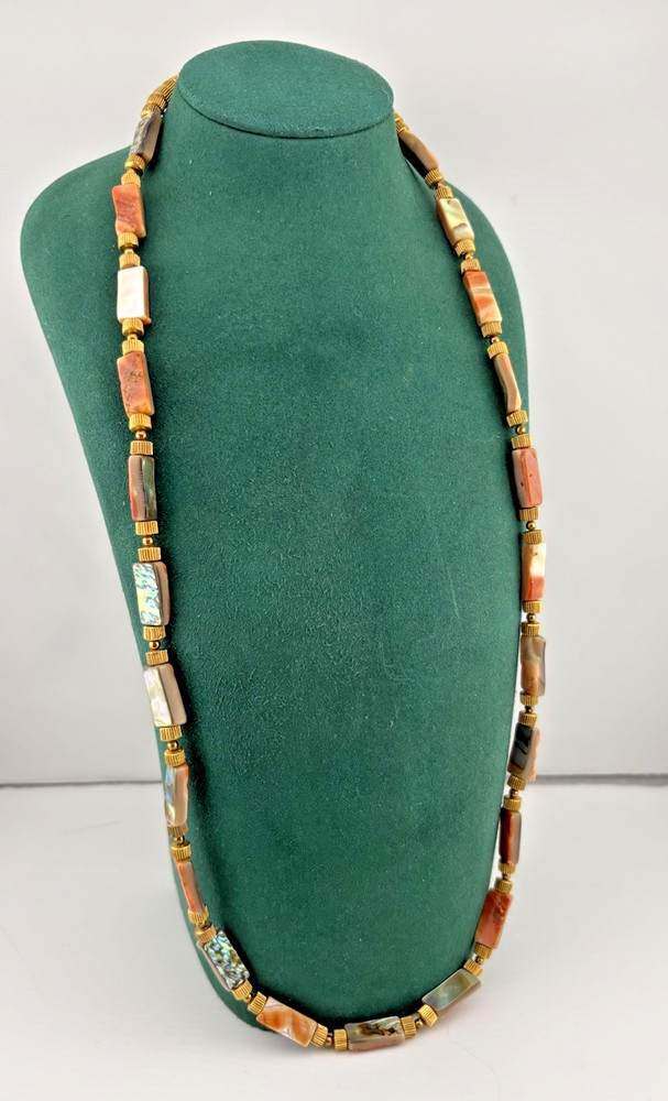 Vintage Red Abalone & Mother Of Pearl Necklace Gold Tone Rectangular Beads 30”