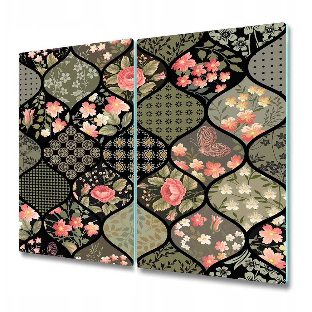 Glass Chopping Board Patchwork green cozy Colourful floral shapes 2x30x52