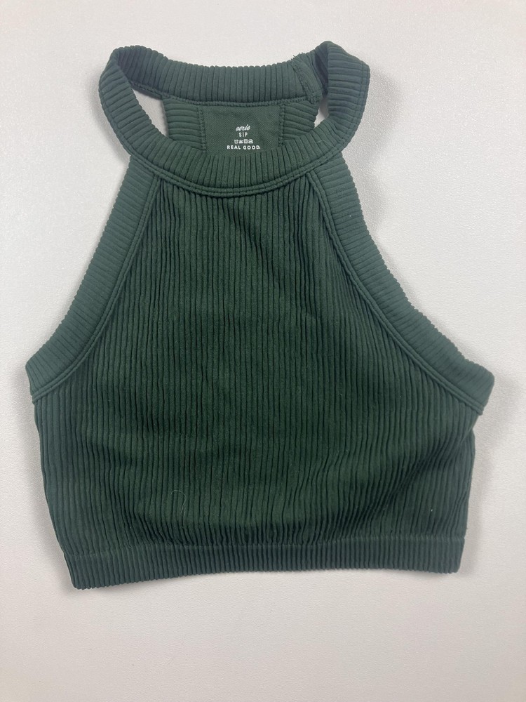 Aerie Tank Top Womens Small Green Ribbed High Neck Halter Crop Real Good Stretch
