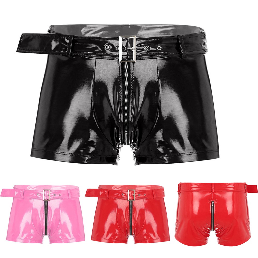 Men's PVC Leather Shorts Wet Look Bulge Pouch Hot Pants Zipper Night Clubwear