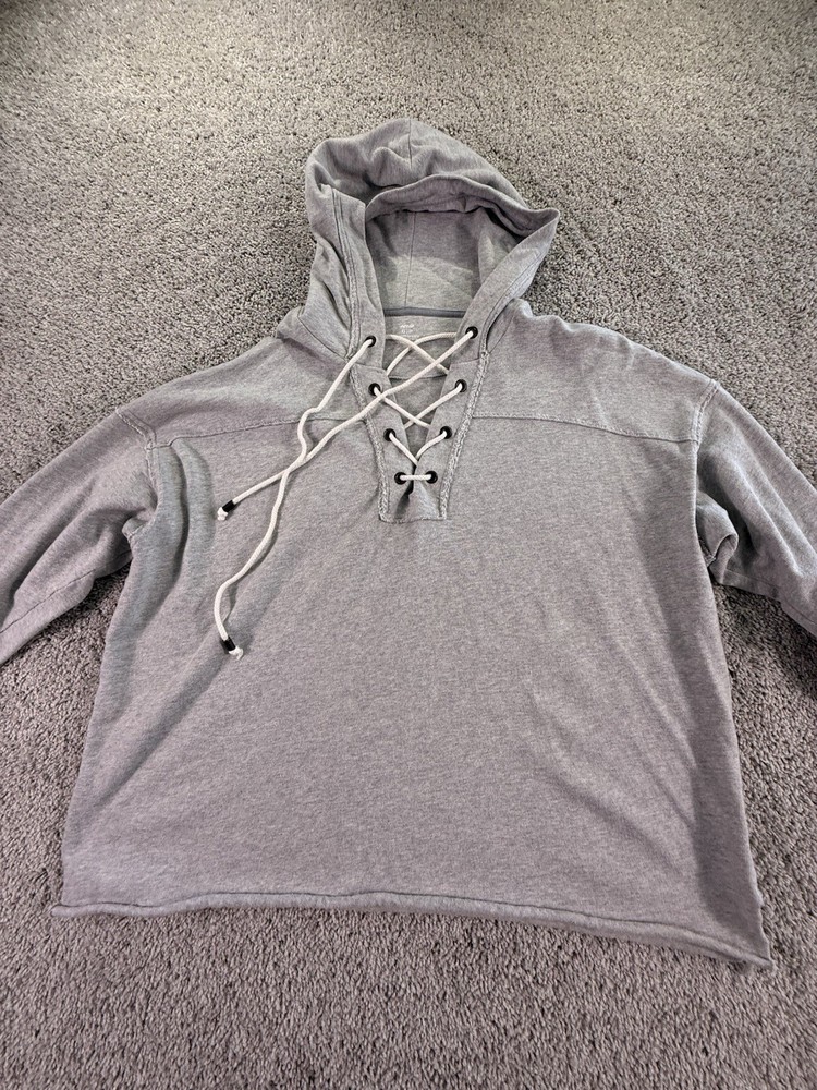 Aerie Oversized Gray Lace Up Raw Hem Sweatshirt Hoodie Size XS