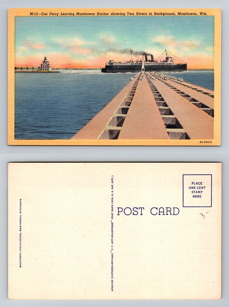 Manitowoc, WI-Wisconsin, Car Ferry Leaving Harbor Lighthouse Vintage Postcard