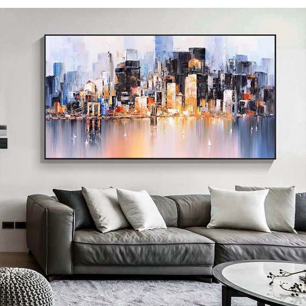 Wall Art Cityscape Oil Painting Hand Painted Decorative Modern Abstract Urban F