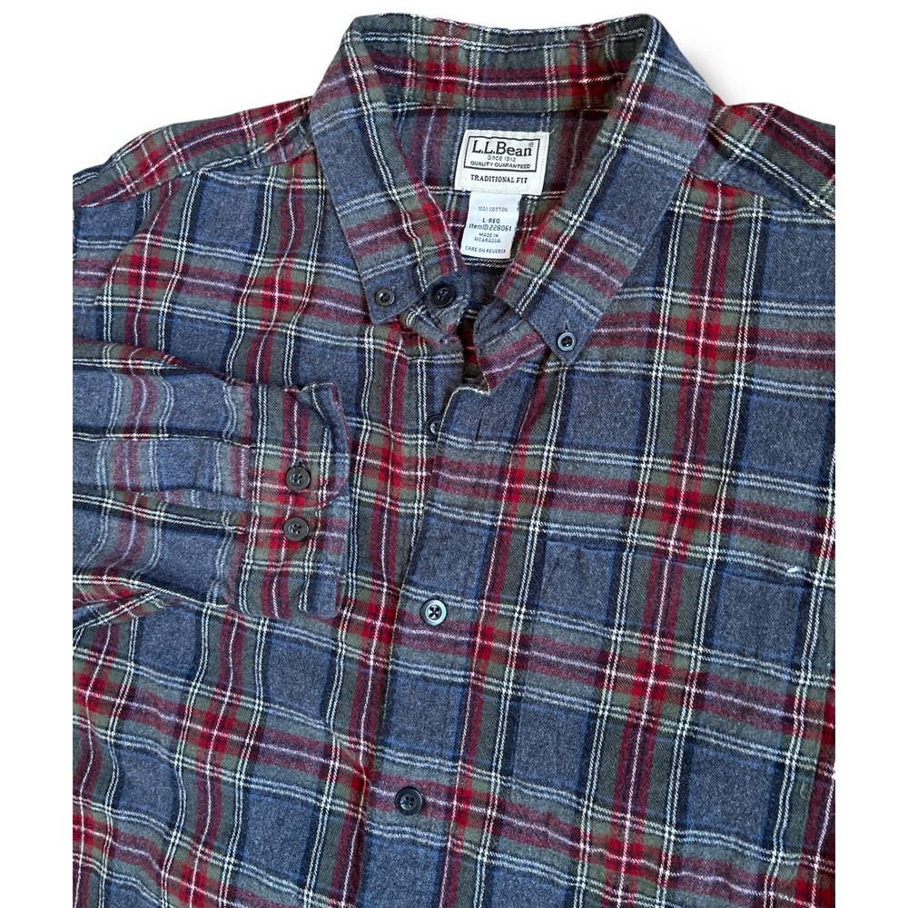 LL Bean Mens Flannel Shirt Blue Red Plaid Traditional Fit Cotton L-Regular