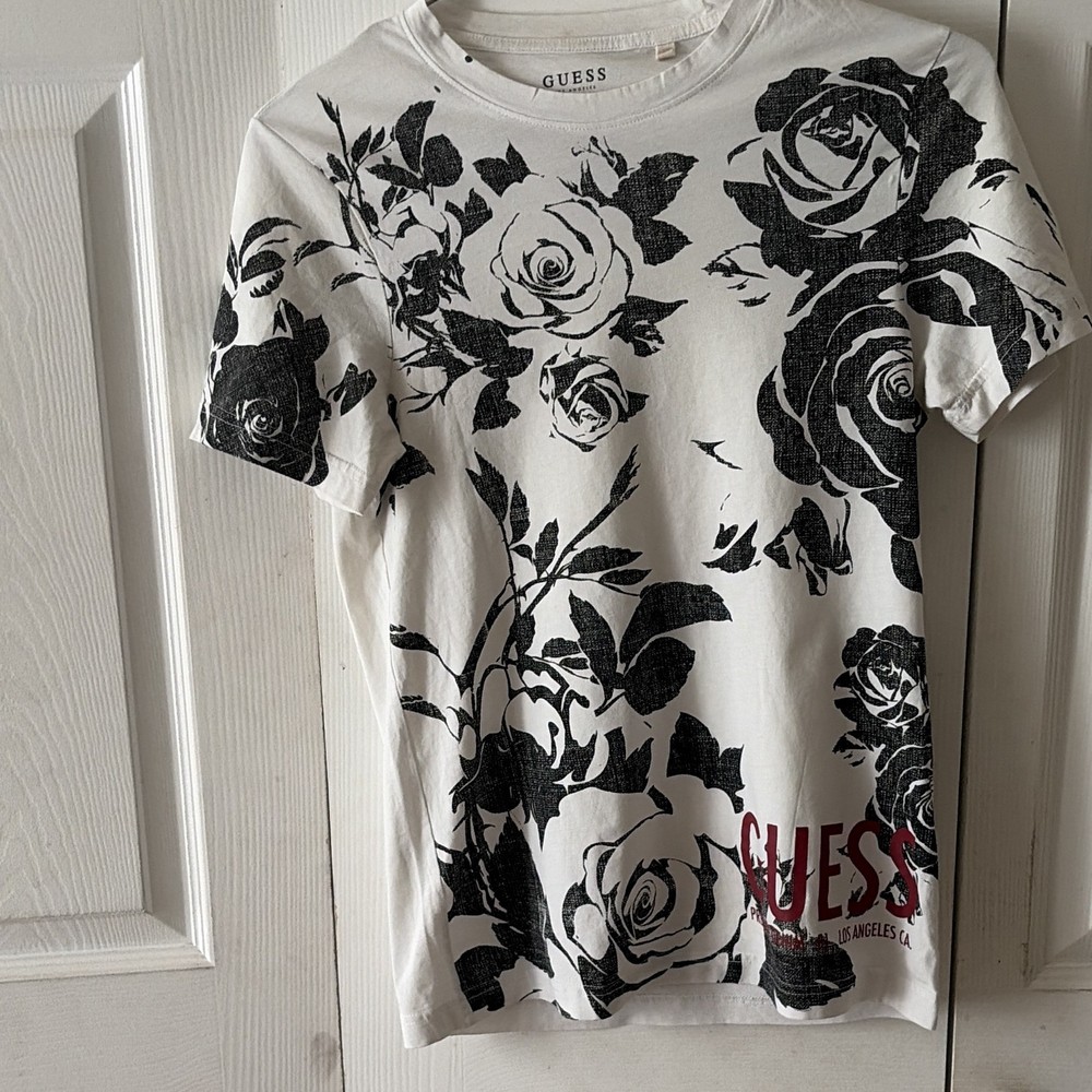 GUESS Men's Floral Rose Logo Graphic Crew Neck Short Sleeve T-Shirt XS Cotton